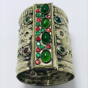 Single Golden Tribal Cuff Bracelet With Big Glass Stones, Vintage Boho Cuff